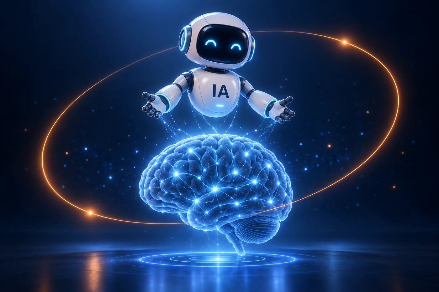 Robot de inteligencia artificial sobre un cerebro luminoso